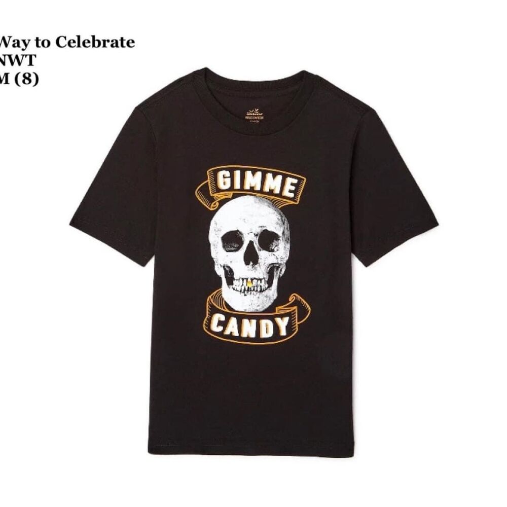 Boys‎ Halloween T-Shirt Size M 8 Black Gimme Candy Skull Head Candy Corn Party